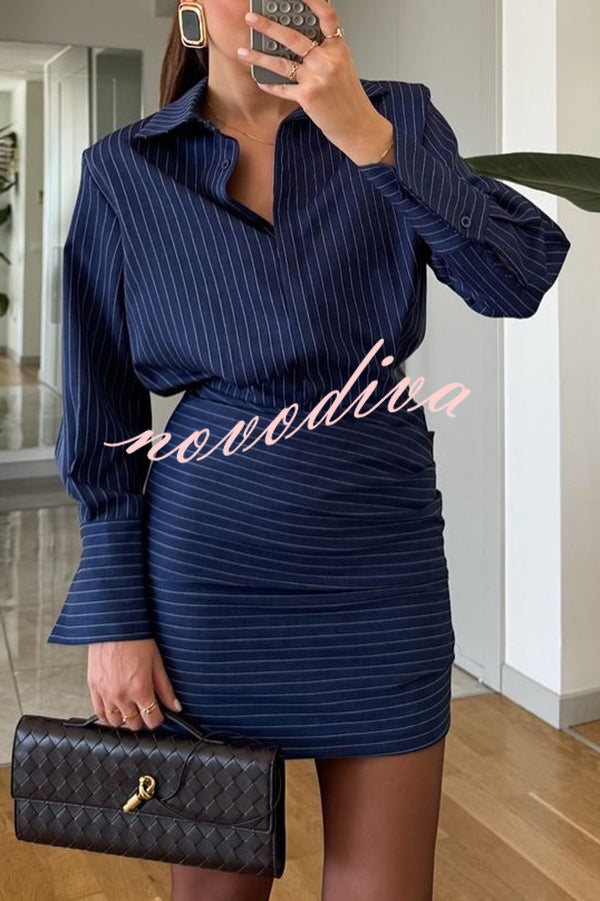 Simple and Sexy Stripe Print Long Sleeve Ruched Hem Shirt Mini Dress