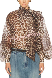 Arianne Chiffon Leopard Print Bow Neck Long Balloon Sleeve Loose Blouse