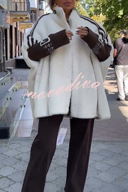 Fashion Sports Stripe Print and Ribbed Embroidered Long Sleeve Zipper Stand Nack Pocket Plush Coat