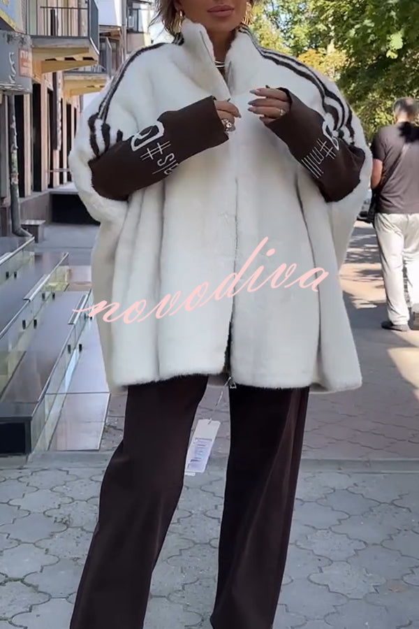 Fashion Sports Stripe Print and Ribbed Embroidered Long Sleeve Zipper Stand Nack Pocket Plush Coat