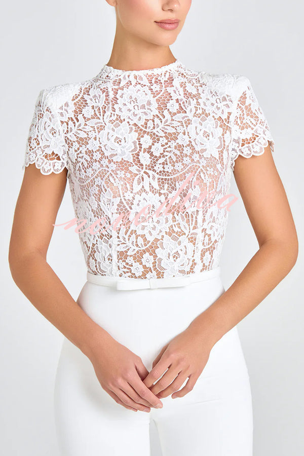 Party Charmer Flower Lace Patchwork Short Sleeve Bow Belted Flare Jumpsuit