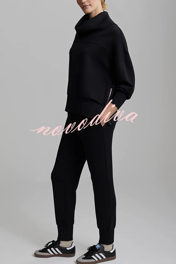 Afternoon Tea Time Turtleneck Side Zipper Sweatshirt and Elastic Waist Pocketed Loose Jogger Set