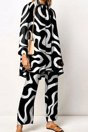 Geometric Print Lapel Long Sleeved Top and Pants Two Piece Set