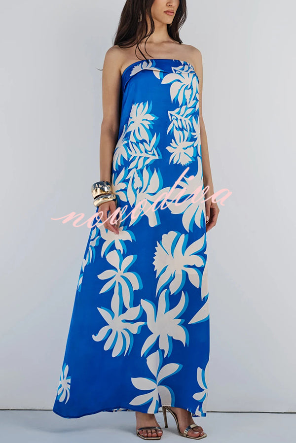 Fashion Vacation Satin Unique Print Off Shoulder Maxi Dress