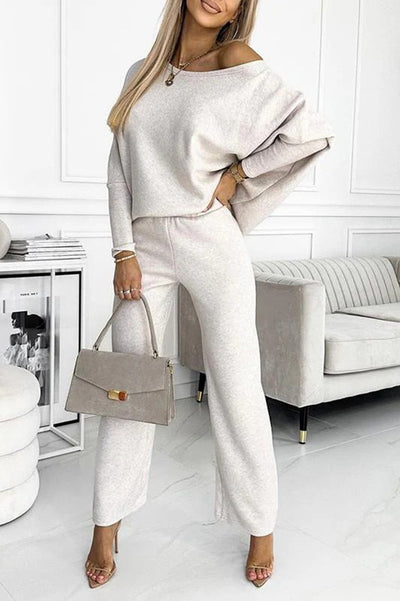 Solid Color Round Neck Long Sleeve Loose Top and Elastic Waist Casual Pants Set