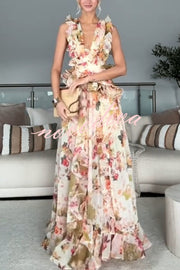 Wedding Season Chiffon Floral Ruched Plunge Open Back Maxi Dress