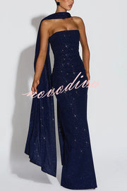 Pandra Glittery Crepe Fabric Off Shoulder Ruched Slit Cape Maxi Dress