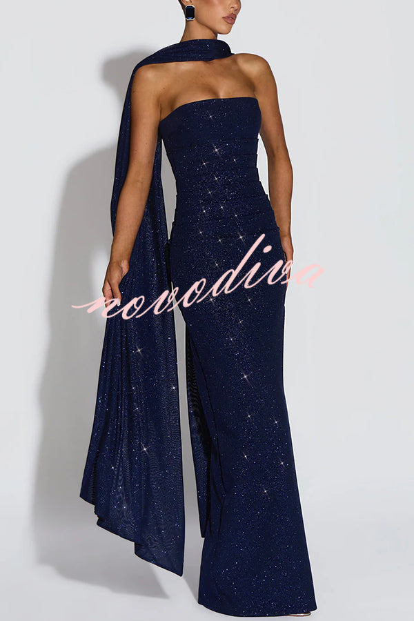 Pandra Glittery Crepe Fabric Off Shoulder Ruched Slit Cape Maxi Dress