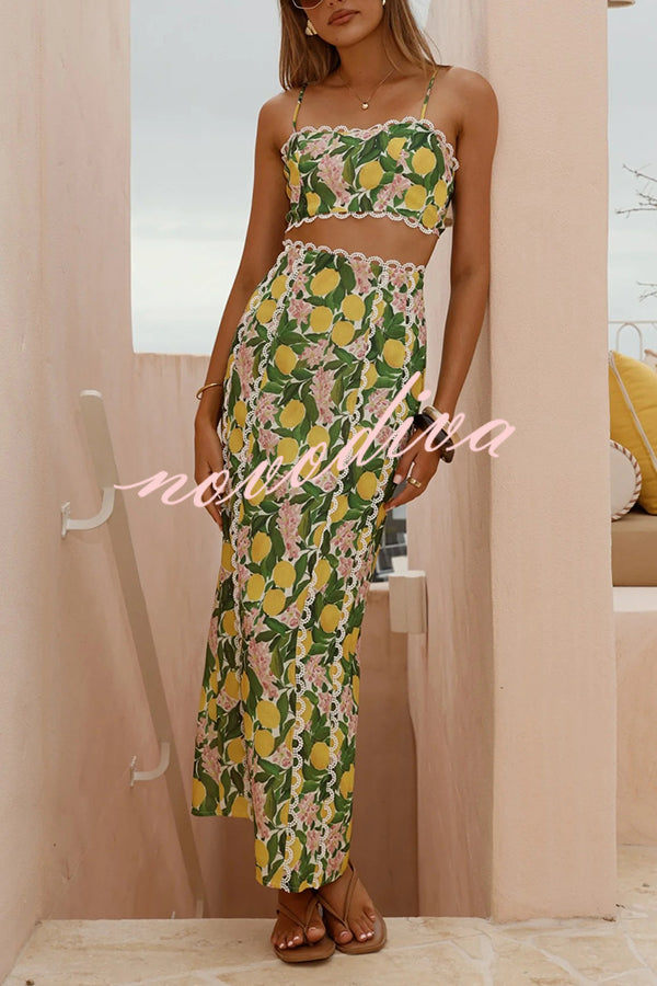 Linen Blend Summer Fruit Print Camisole Top and Elegant Lace Back Slit Maxi Skirt Set