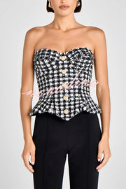 Maya Check Bouclé-tweed Fabric Sweetheart Neck Gold Button Strapless Tank