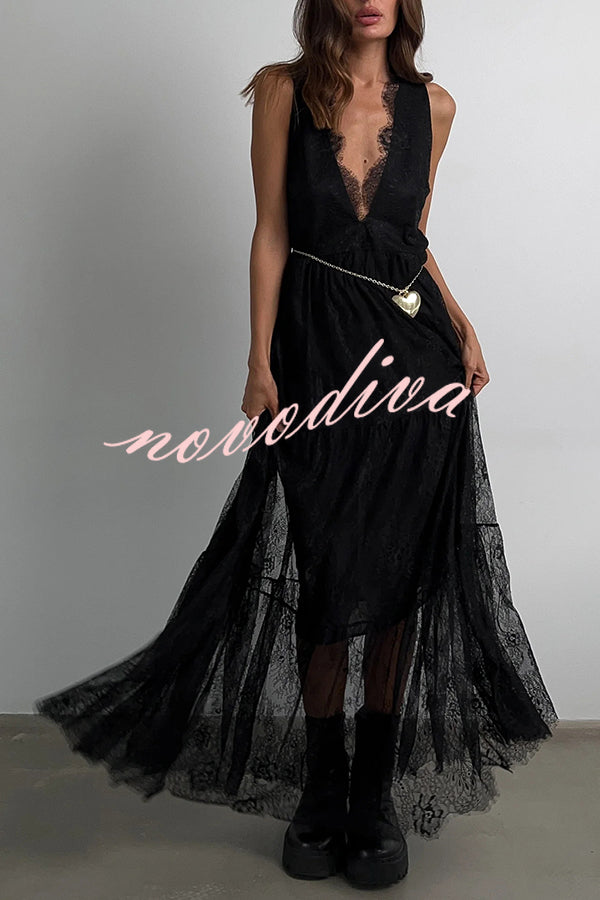 Fashionable Sheer Lace V-neck Backless Elegant Maxi Dress