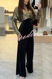 Caitlin Metallic Velvet Patchwork Long Batwing Sleeve Pocket Wide Leg Jumpsuit