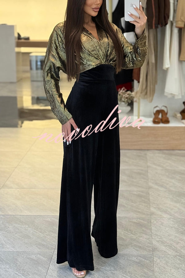 Caitlin Metallic Velvet Patchwork Long Batwing Sleeve Pocket Wide Leg Jumpsuit