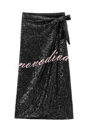 Crushing on You Sequin High Rise Wrap Tie-up Slit Midi Skirt