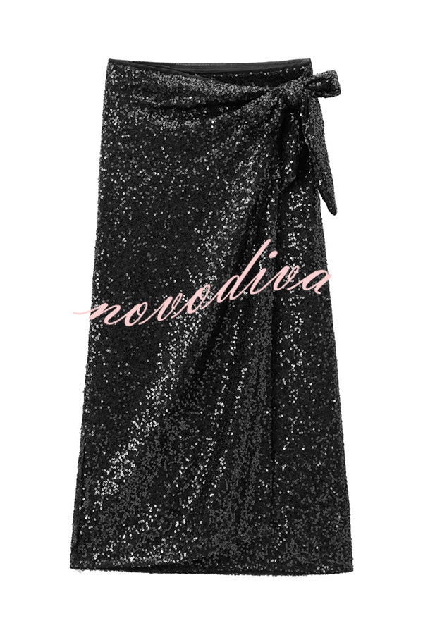 Crushing on You Sequin High Rise Wrap Tie-up Slit Midi Skirt