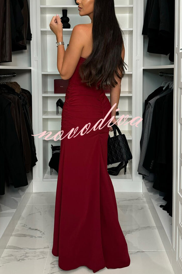 Miami Date Night Off Shoulder Drape Ruched High Slit Party Maxi Dress