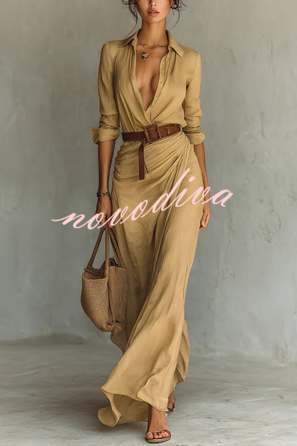 City Sleek Single Breasted Long Sleeve Warp Slit Shirt Maxi Dress