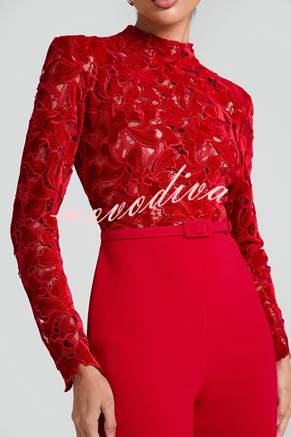 Eleanor Embroidered Floral Lace Long Sleeve Patchwork Belt Flare Jumpsuit