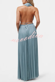 Pure Lightness Chiffon Pleated Halter Backless Top and Elastic Waist A-line Maxi Skirt Set