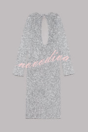 Ignite Sparkly Nights Sequin Extra Long Sleeve Open Back Loose Midi Dress