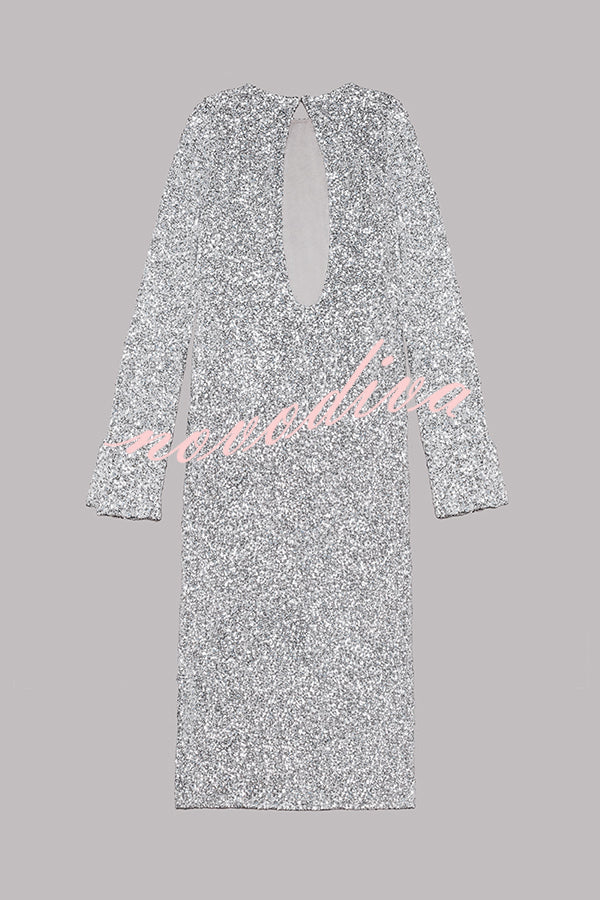 Ignite Sparkly Nights Sequin Extra Long Sleeve Open Back Loose Midi Dress