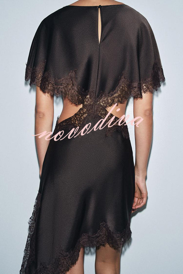 Jessica Satin Lace Trim Cape Sleeves Cutout Waist Asymmetrical Hem Midi Dress