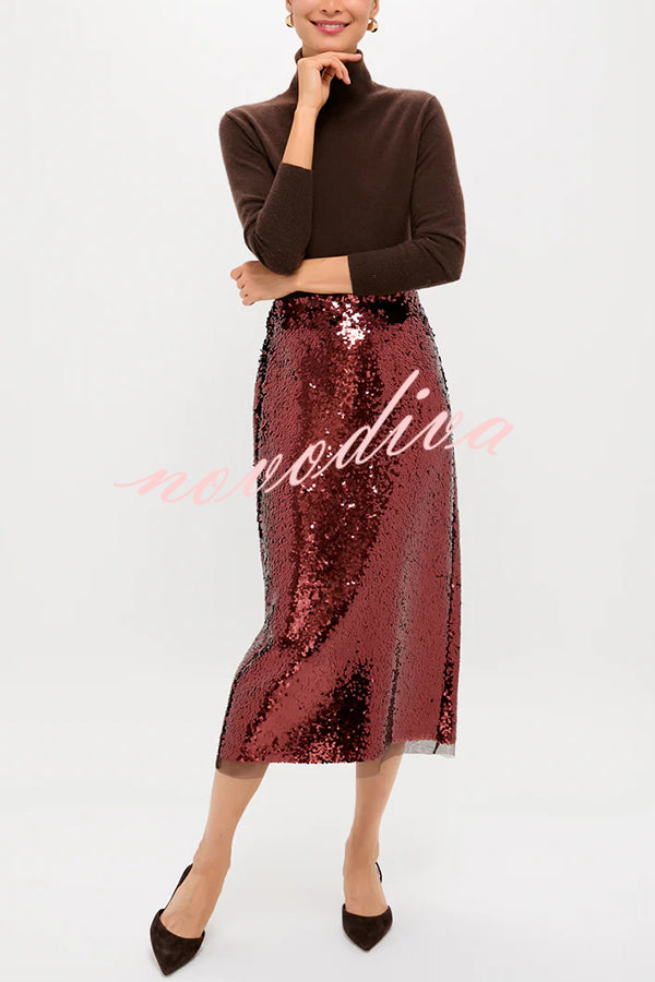 Upper East Chic Sequin Mesh Trim High Rise Slit Pencil Midi Skirt