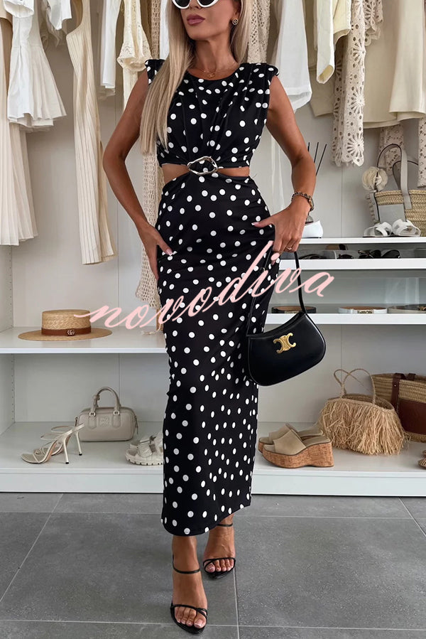 Roxane Polka Dot Print Shoulder Pad Metal Cutout Waist Slit Stretch Maxi Dress