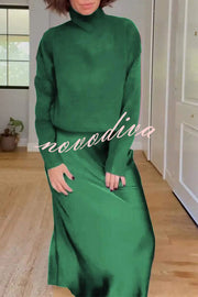 Jaelyn Solid Color Turtleneck Long Sleeve Sweater and Satin Elastic Waist Maxi Skirt Set