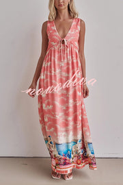 Resort Style Unique Printed Sleeveless V-neck Casual Maxi Dress