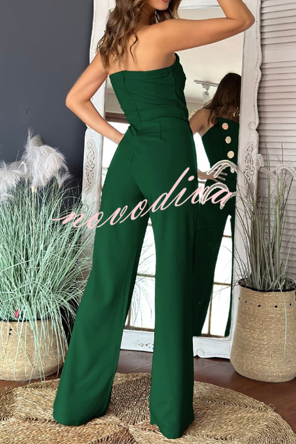 Solid Color Sexy Tube Top Gold Button Embellished Bootcut Jumpsuit