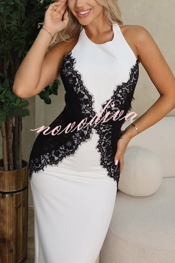 Sexy Halterneck Lace Paneled Backless Slim Maxi Dress