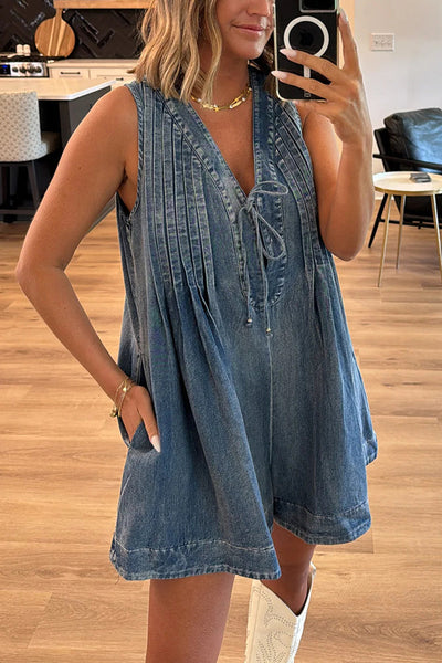 Downtown Daze Denim Pleated Tie-up Pocketed Loose Romper