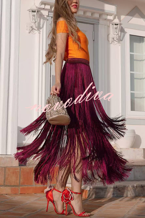 Elegant Tassel Hem Elastic Waist Casual Maxi Skirt