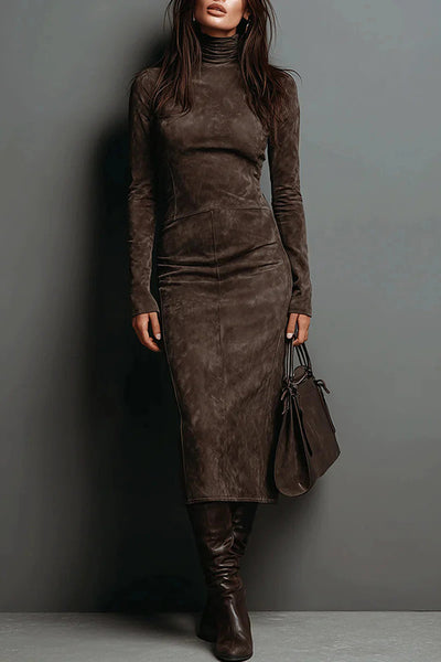 Stylish High-neck Long-sleeved Slim-fit Midi Dress