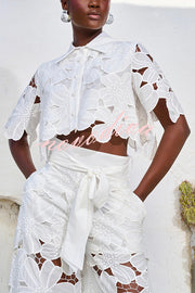 Redefining Elegance Floral Lace Cropped Shirt and Belt Pocketed Wide Leg Pants Set