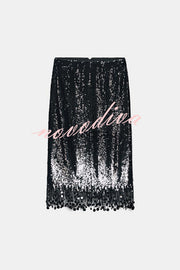 City Queen Sequin Tassel Round Pieces High Rise Back Zipper Midi Skirt