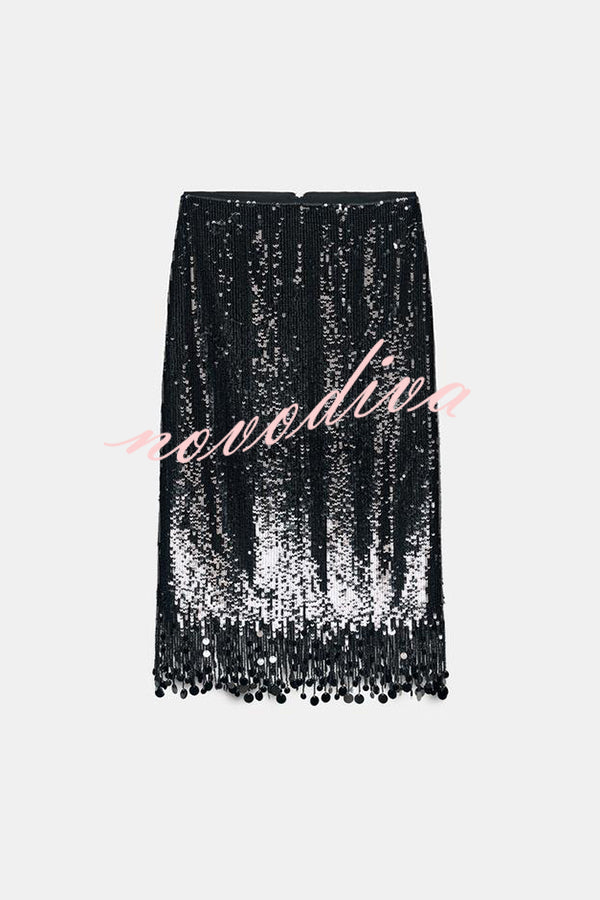 City Queen Sequin Tassel Round Pieces High Rise Back Zipper Midi Skirt