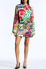 Elouise Satin Color Block Art Print Long Sleeve Button Back Elastic Waist H-line Mini Dress