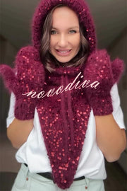 Sequined Drawstring Balaclava Warm Loop Scarf Hat and Gloves