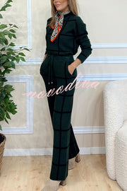 Fashionable Plaid Turtleneck Long Sleeve Top and Elastic Waist Tie Pocket Pants Set