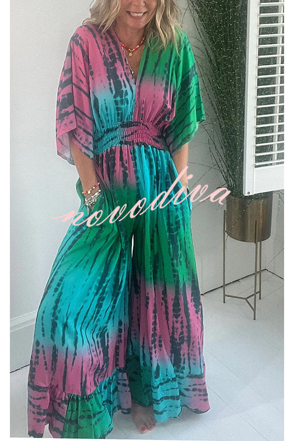 Candis Tie-dye Print Kimono Sleeve Pocketed Smoked Waist Wide Leg Jumpsuit