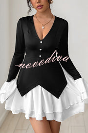 Fashionable Contrast Color Panel Long Sleeve Ruffled Mini Dress