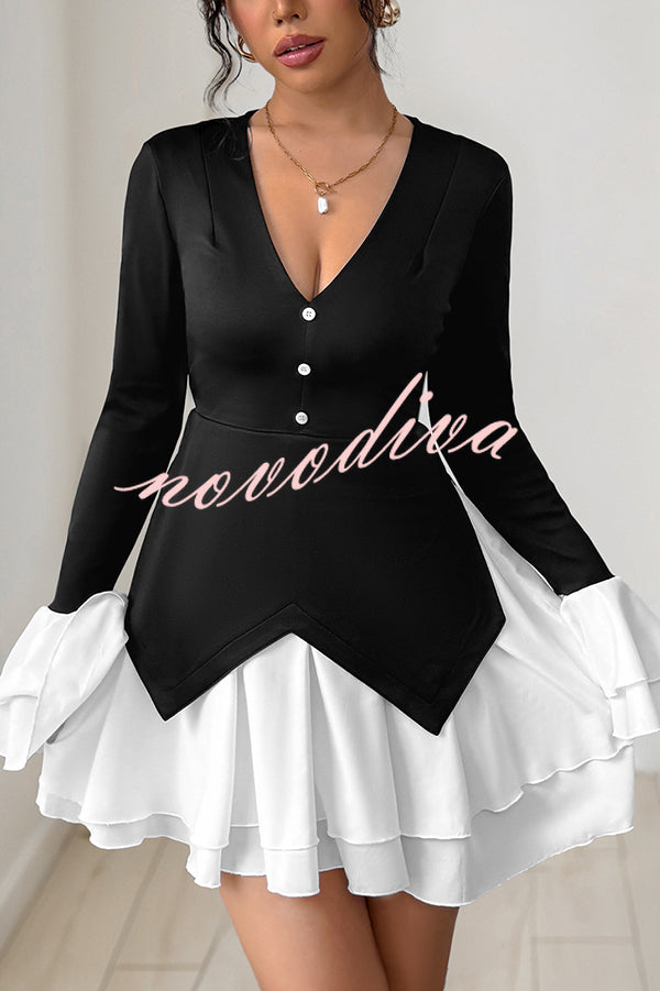 Fashionable Contrast Color Panel Long Sleeve Ruffled Mini Dress