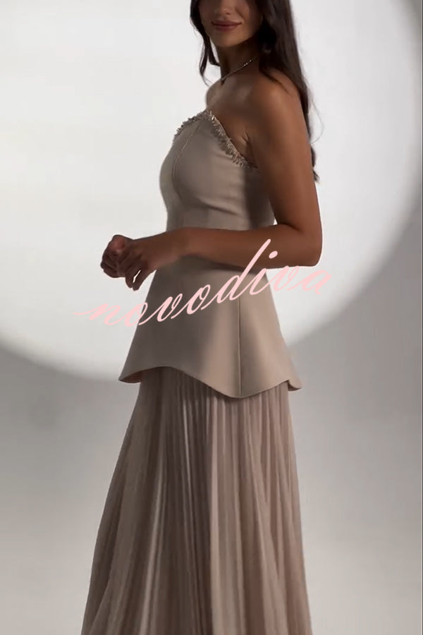 Capture The Moment Gem Trim Pleated Hem Strapless Maxi Dress