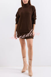 Solid Color Casual Preppy Knit Top and Knit Stretch Pleated Mini Skirt Set