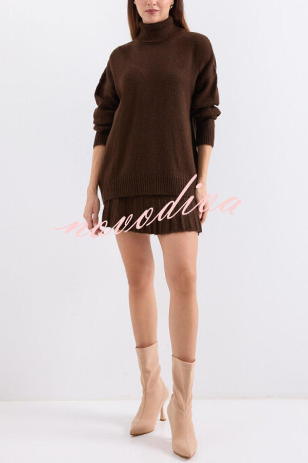 Solid Color Casual Preppy Knit Top and Knit Stretch Pleated Mini Skirt Set