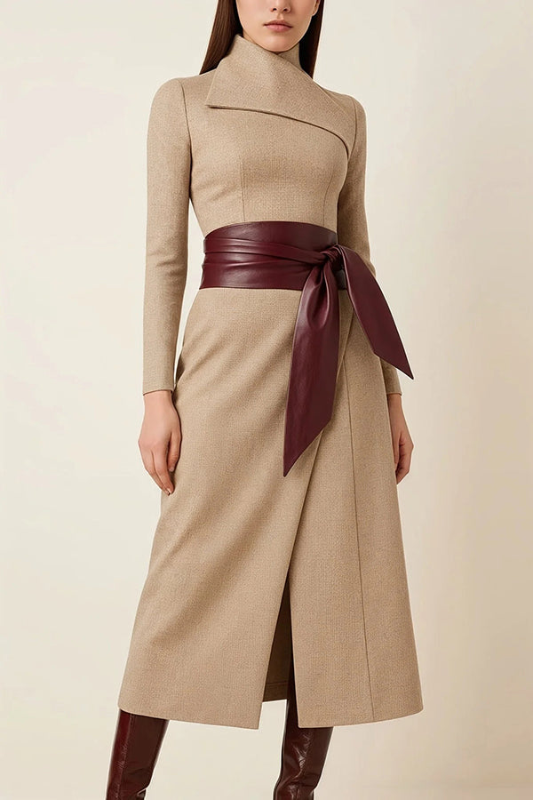 Plaid Print Long-Sleeved Wide-belted Slim-Fit Midi Dress