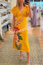 Plant Print V-neck Open Back Holiday Style Slit Midi Dress