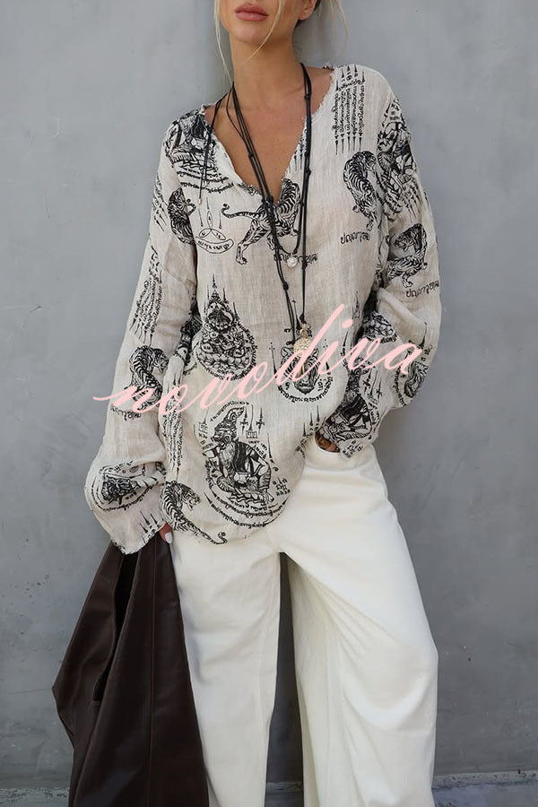 Natural Vibe Linen Blend Unique Print Long Sleeve Loose Shirt